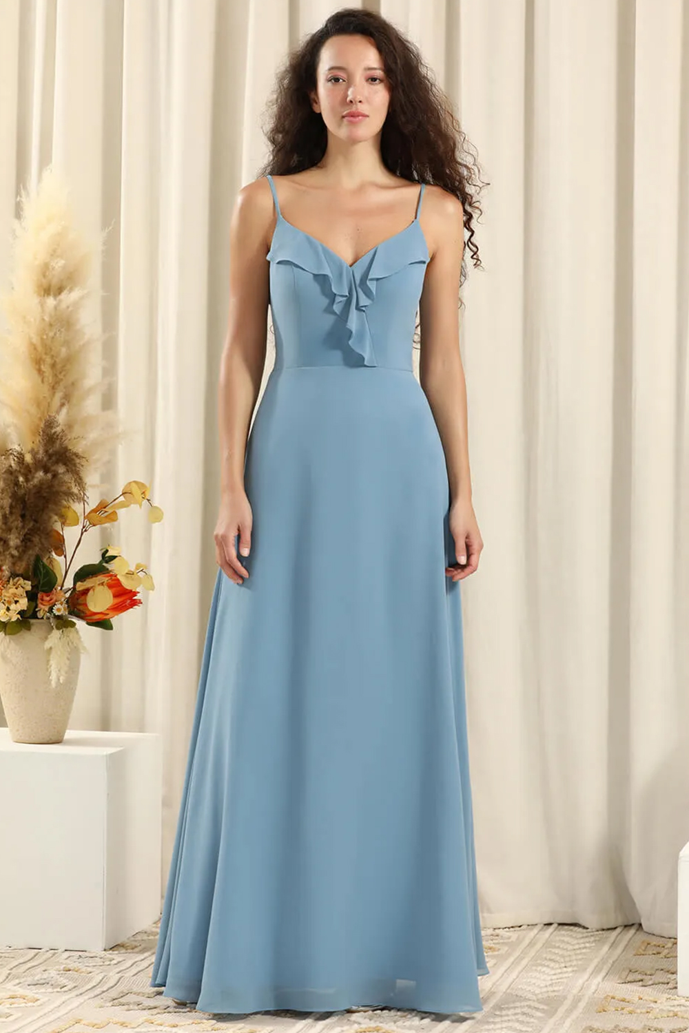 V-neck Spaghetti Strap Ruffles Chiffon V-back A-line Long Bridesmaid Dress