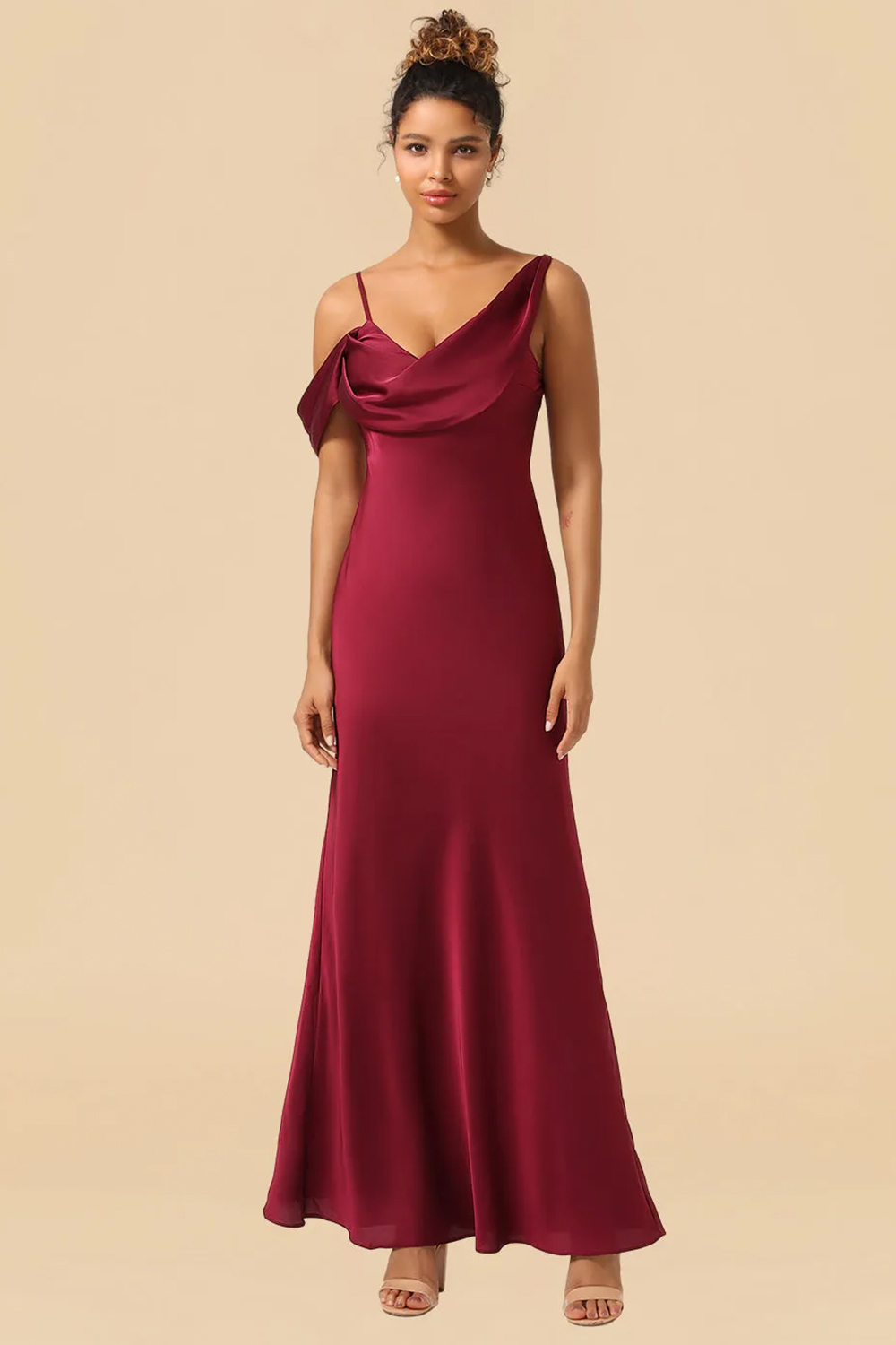 One Shoulder Spaghetti Strap Satin A-line Long Bridesmaid Dress