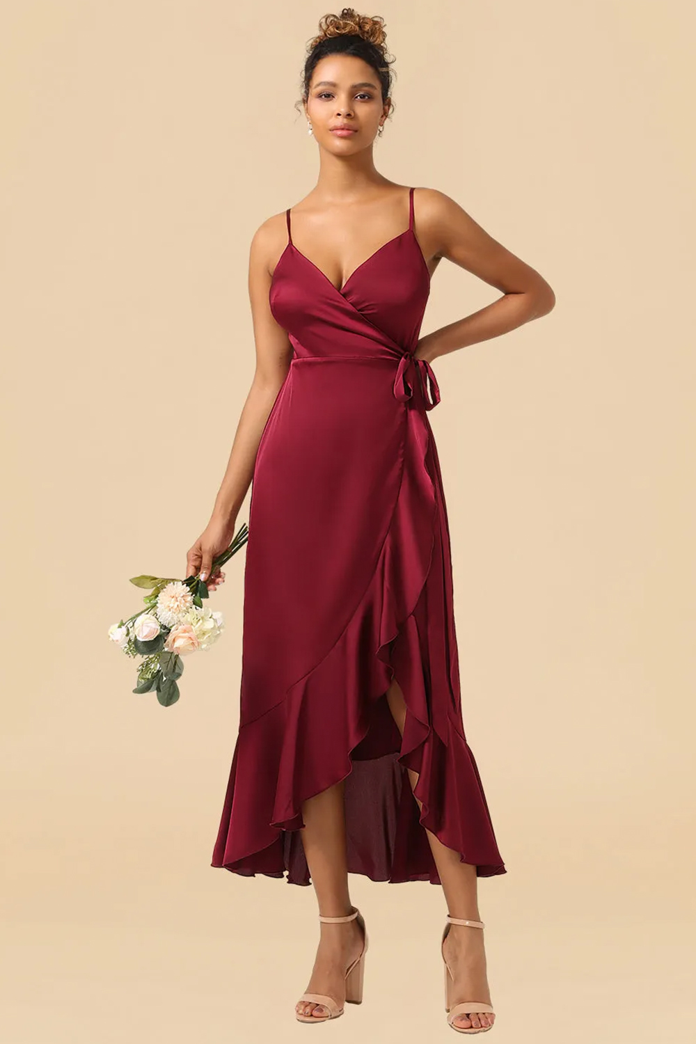 V-neck Spaghetti Strap Ruffles Asymmetrical Long Satin Bridesmaid Dres
