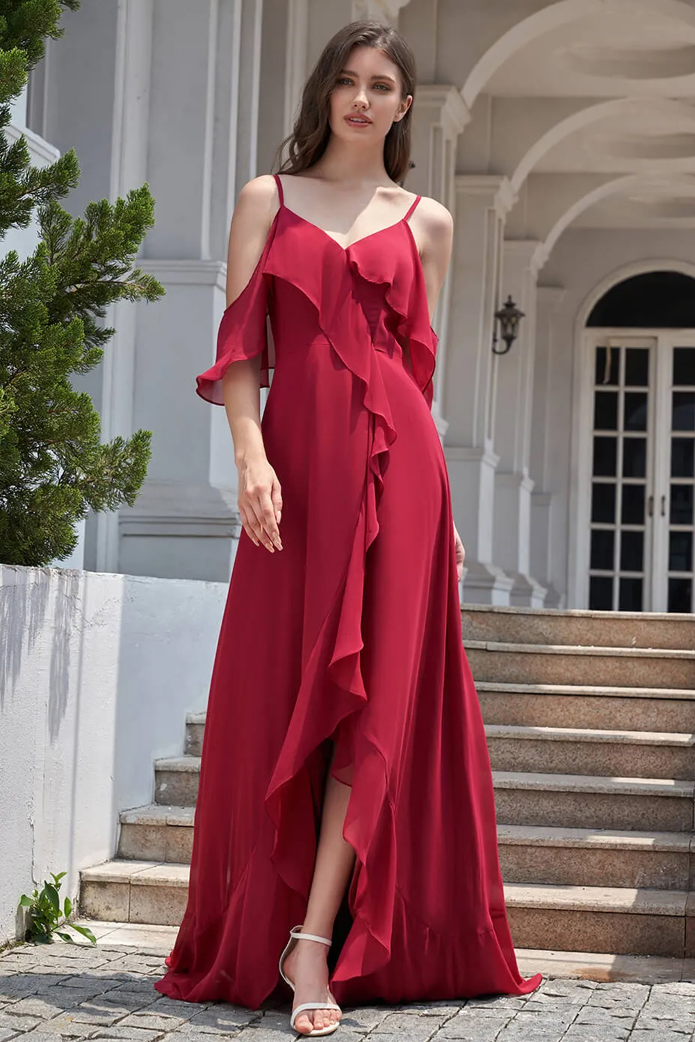 Chiffon Ruffles Cold Shoulder A-line Long Asymmetrical Bridesmaid Dres