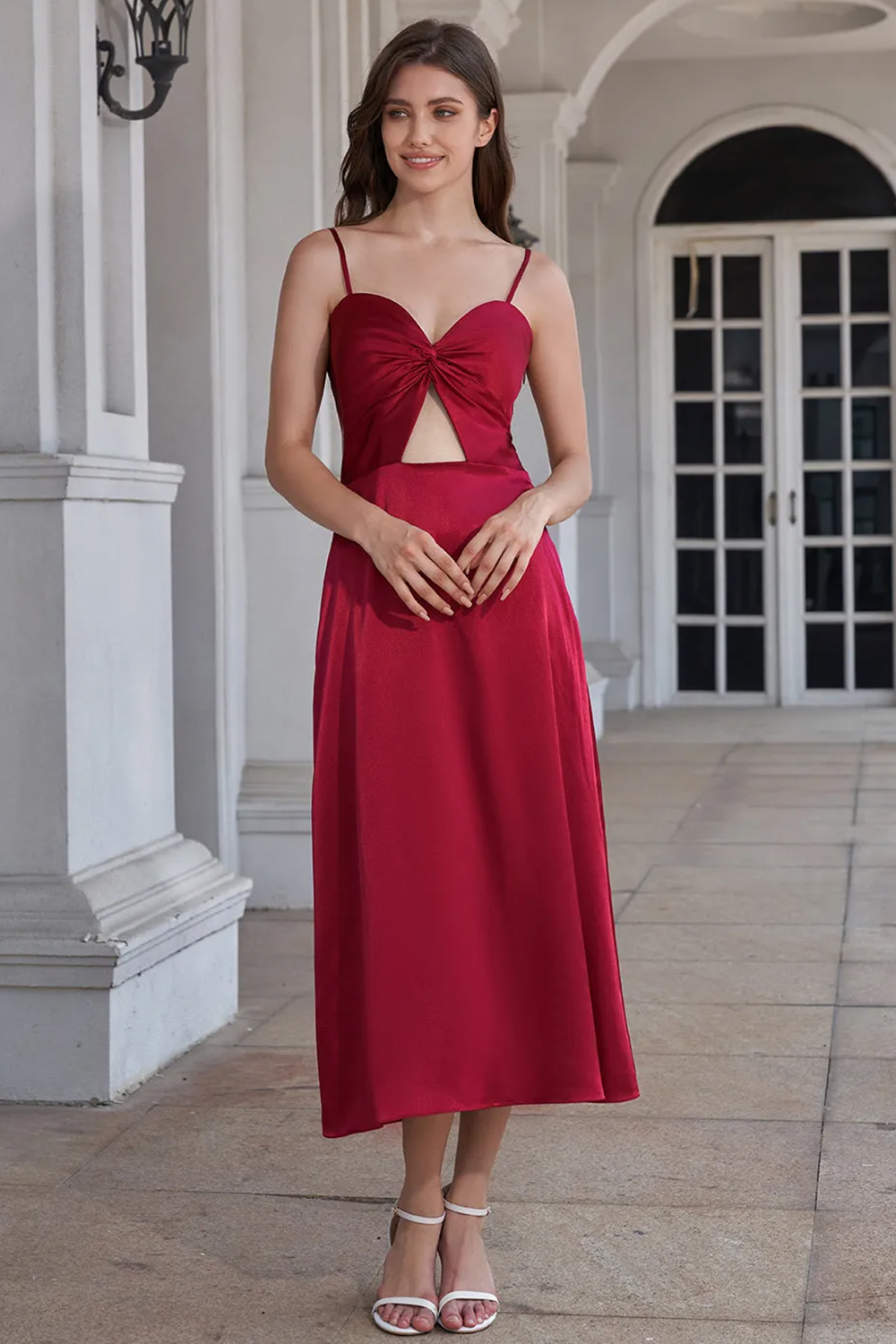 Tea Length A-line Sweetheart Neck Spaghetti Strap Bridesmaid Dress