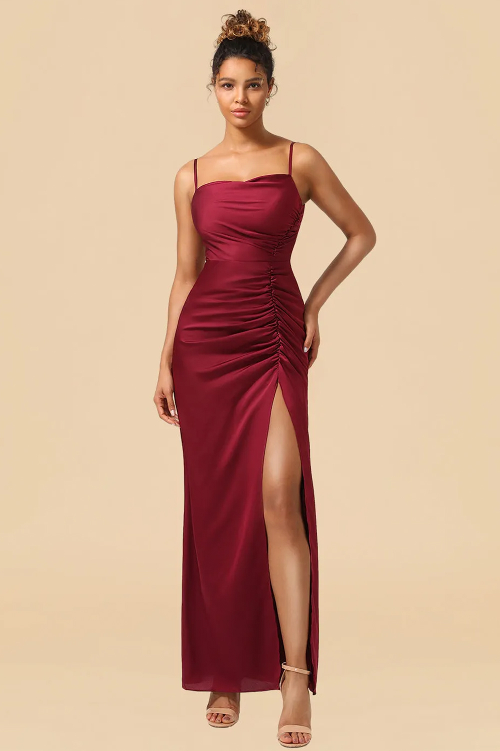 Sheath Satin Pleated Adjustable Spaghatti Strap Maxi Bridesmaid Dress