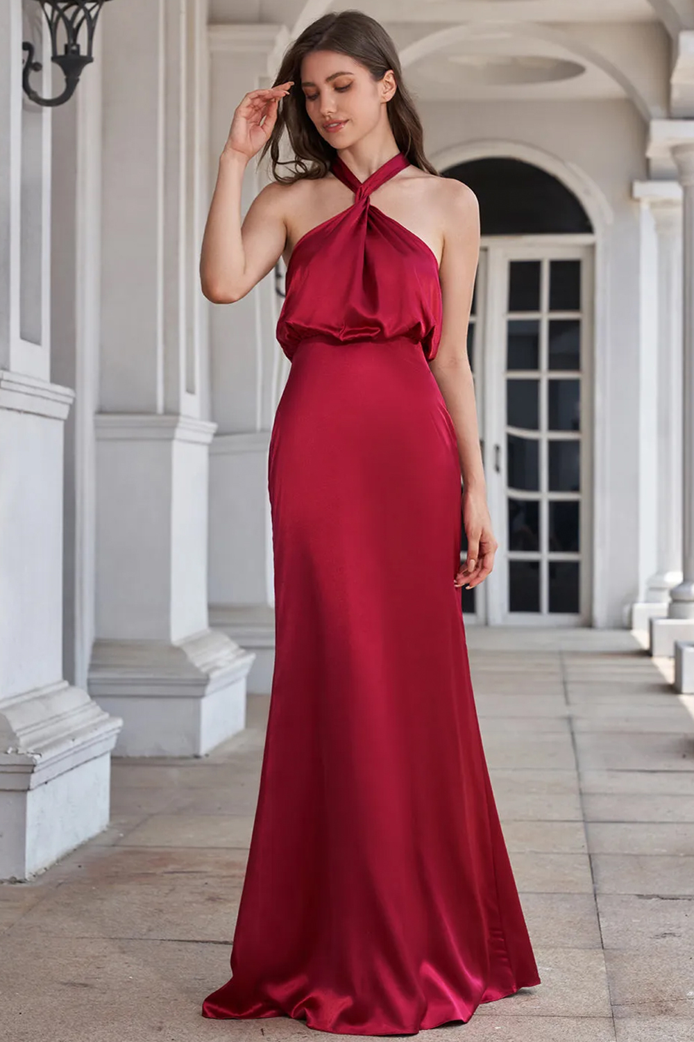 Halter Neck Sheath Satin Floor Length Bridesmaid Dress