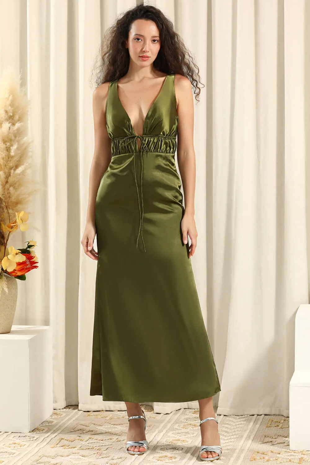 Deep V-neck Pleated Satin Ankle Length Sheath Bridesmaid Dress