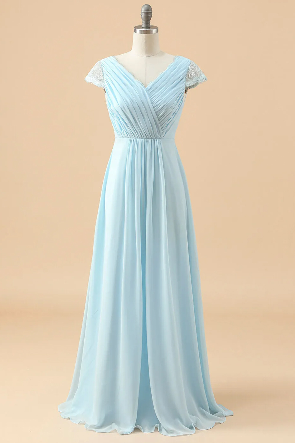 V-neck Lace Back Pleated Chiffon Junior Bridesmaid Dress
