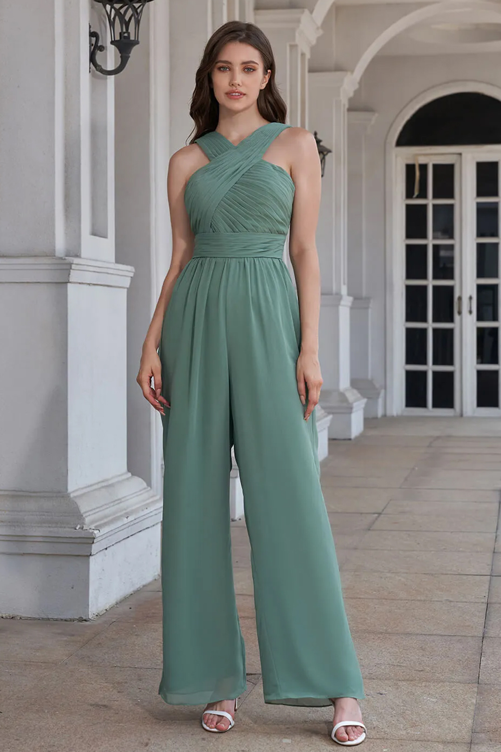 Bridesmaid Jumpsuit, Bridesmaid Dress, Halter Neck Pleated Chiffon Long Bridesmaid Jumpsuit