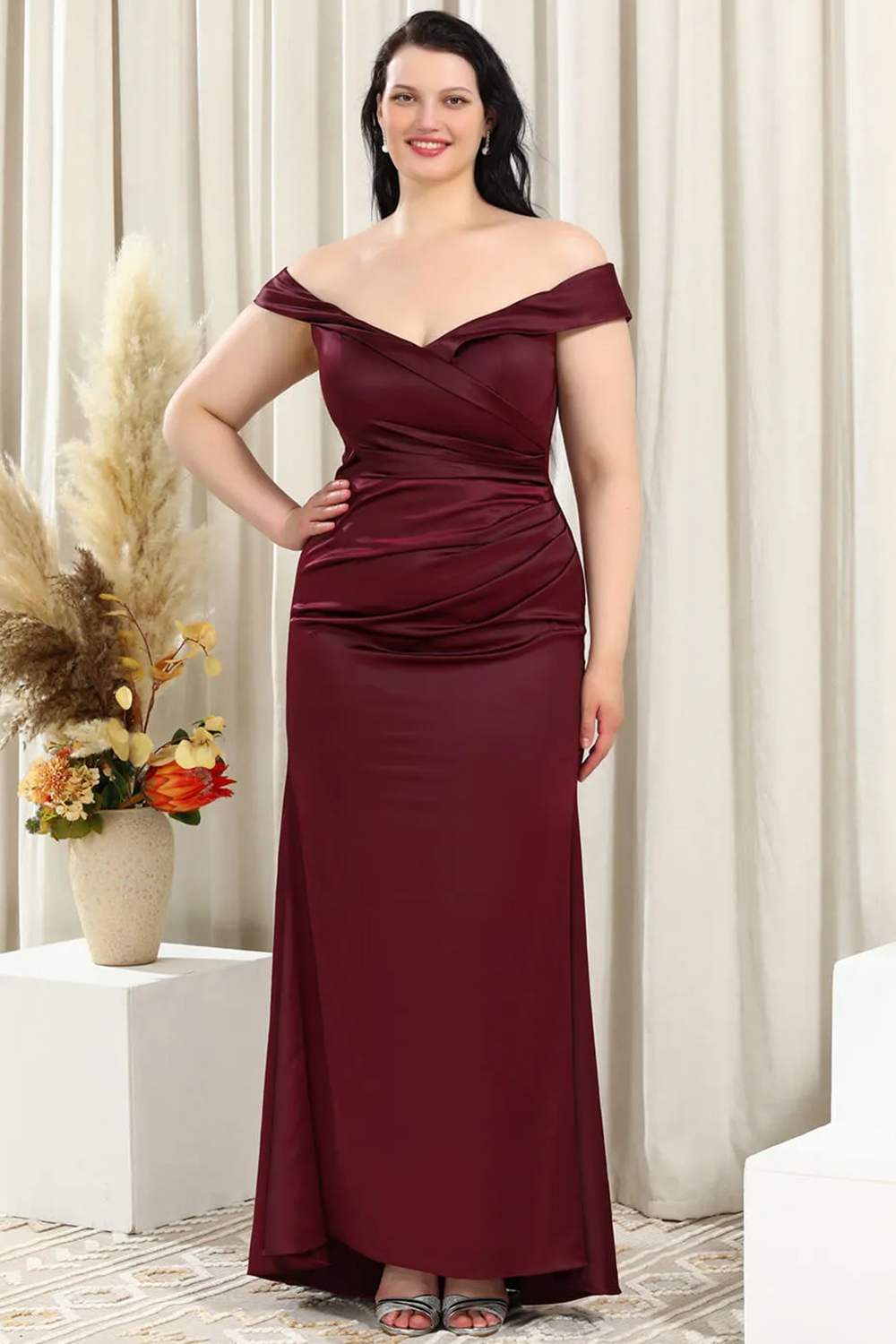 Off-the-Shoulder Trumpet Pleated Satin Floor Length Bridesmaid Dress