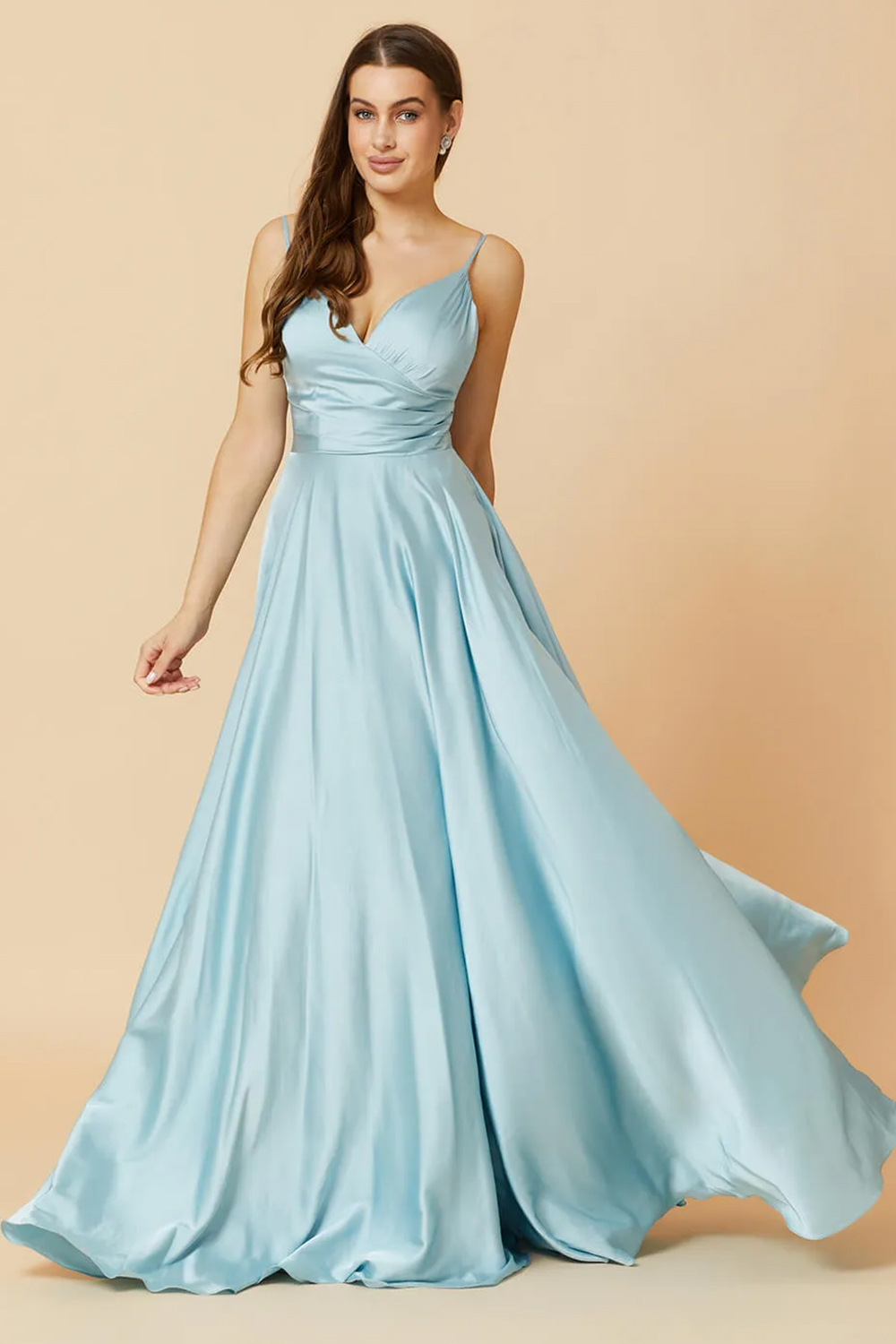 Spaghetti Strap V-neck Open Back Satin A-line Long Bridesmaid Dress