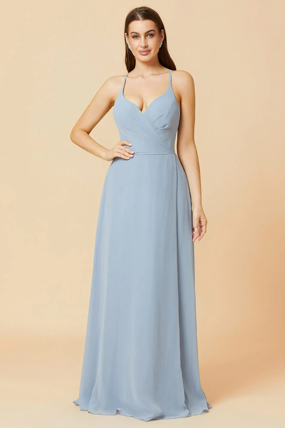 V-neck Spaghetti Strap Button Back Chiffon Bridesmaid Dress