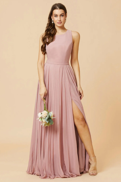 Round Neck A-line Pleated Chiffon Bridesmaid Dress