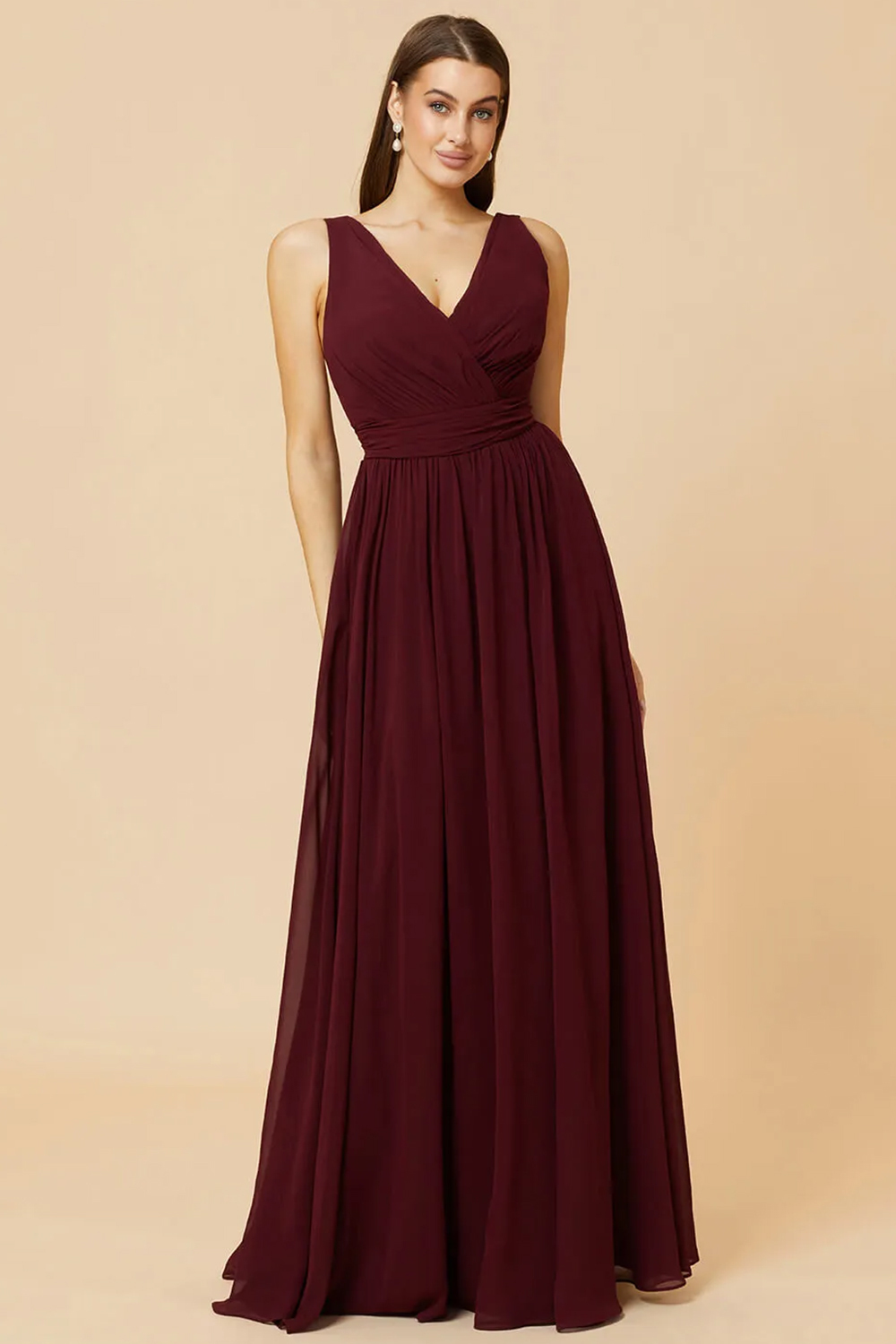 V-neck Pleated Tie Back Chiffon A-line Bridesmaid Dress
