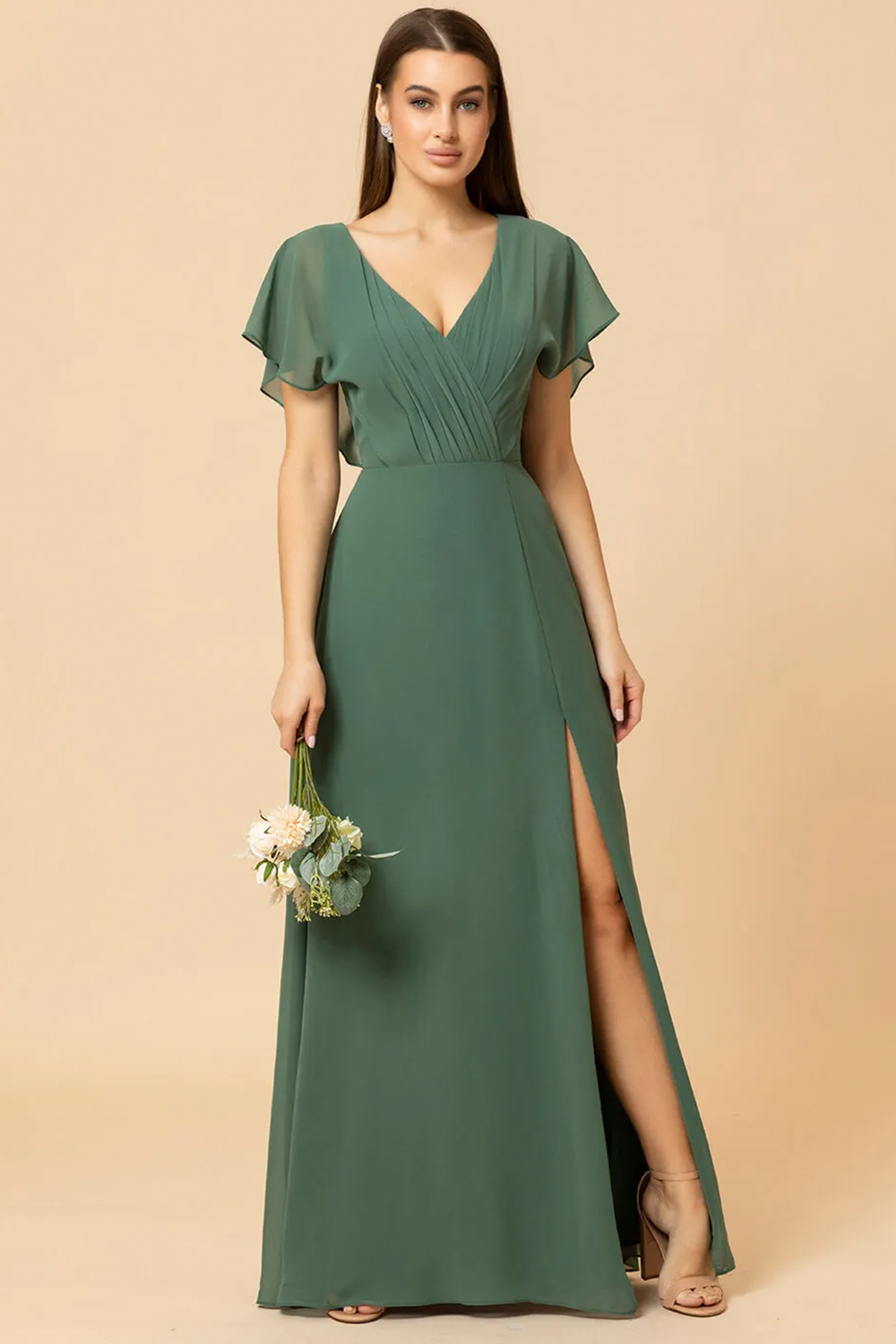 V-neck A-line Cap Sleeve Chiffon Long Bridesmaid Dress with Split