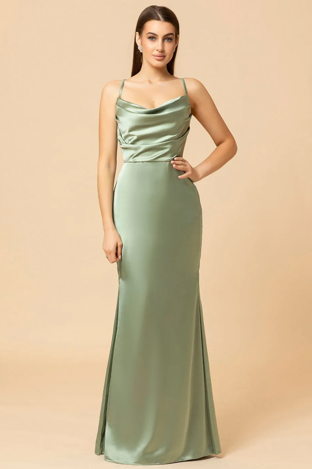 Cowl Necl Sheath Satin Maxi Strap Bridesmaid Dress with Slit
