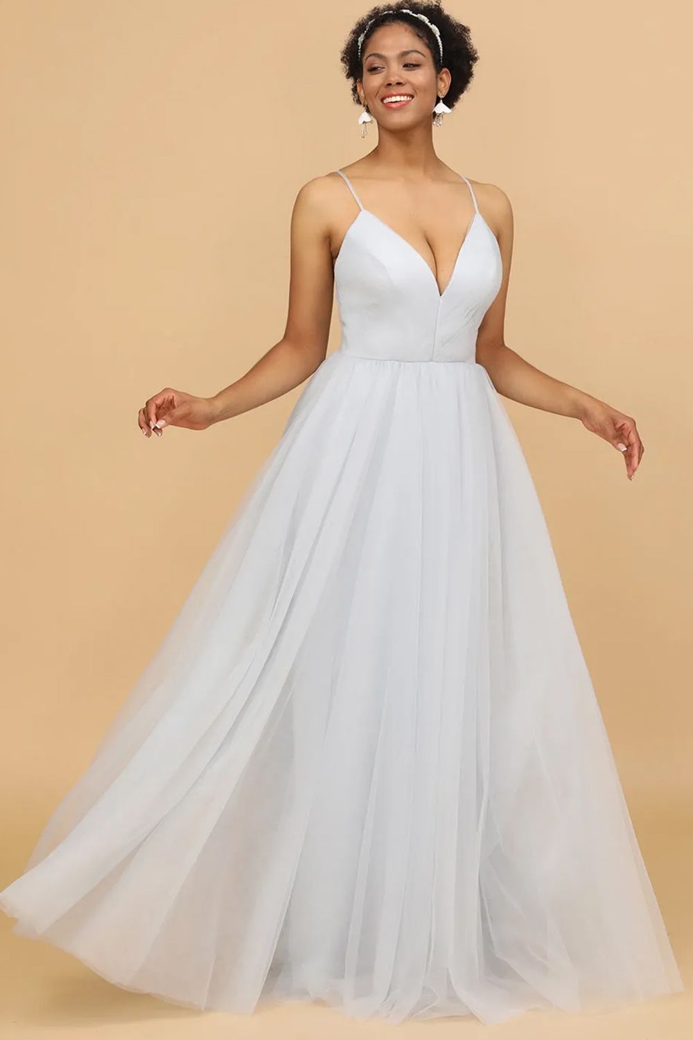 Deep V-neck Strap Tulle Bridesmaid Dress