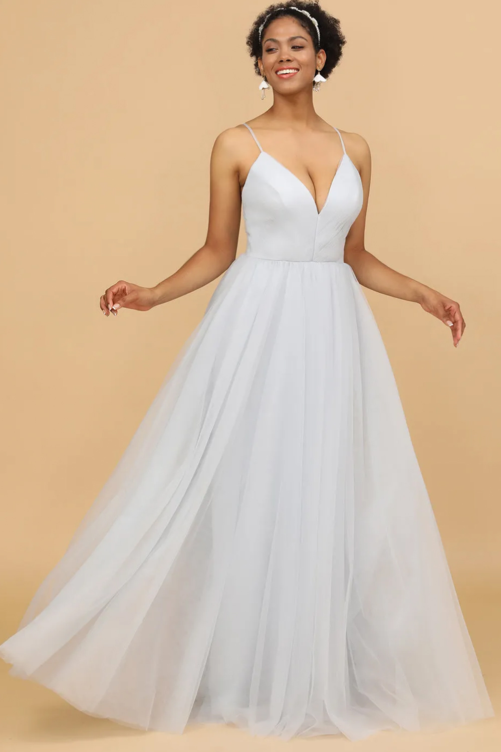 Deep V-neck Strap Open Back Tulle A-line Maxi Bridesmaid Dress