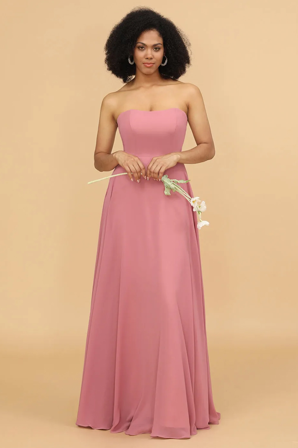 Strapless A-line Chiffon Tie Back Maxi Bridesmaid Dress