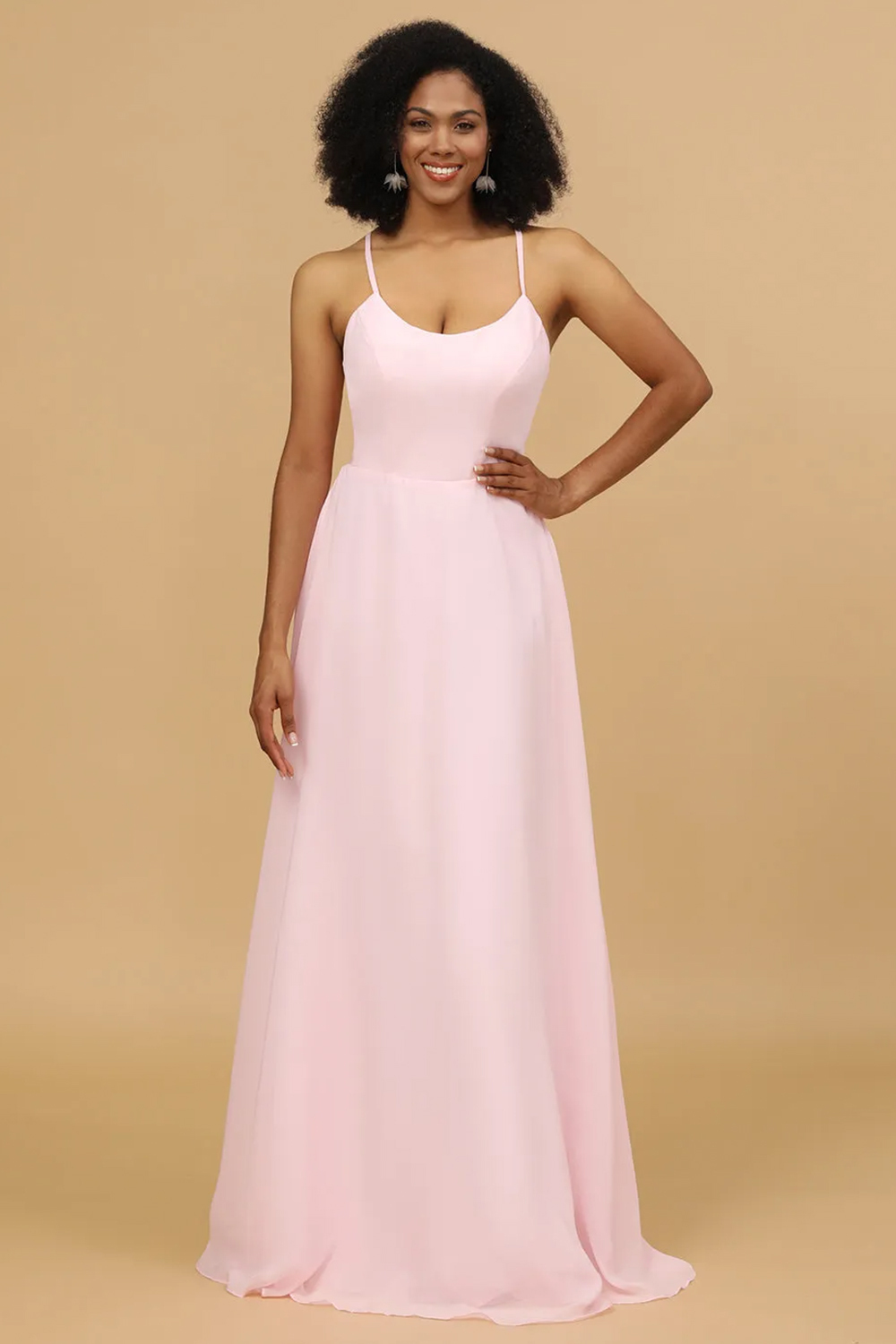 Scoop Neck Strap Chiffon A-line Bow Tie Back Bridesmaid Dress