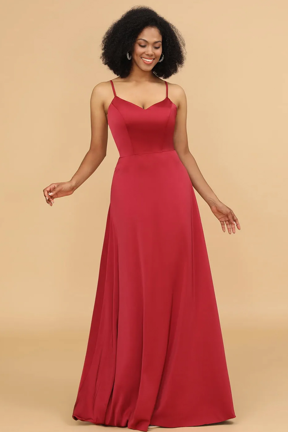 Satin V-neck Spaghetti Strap A-line Backless Bridesmaid Dress