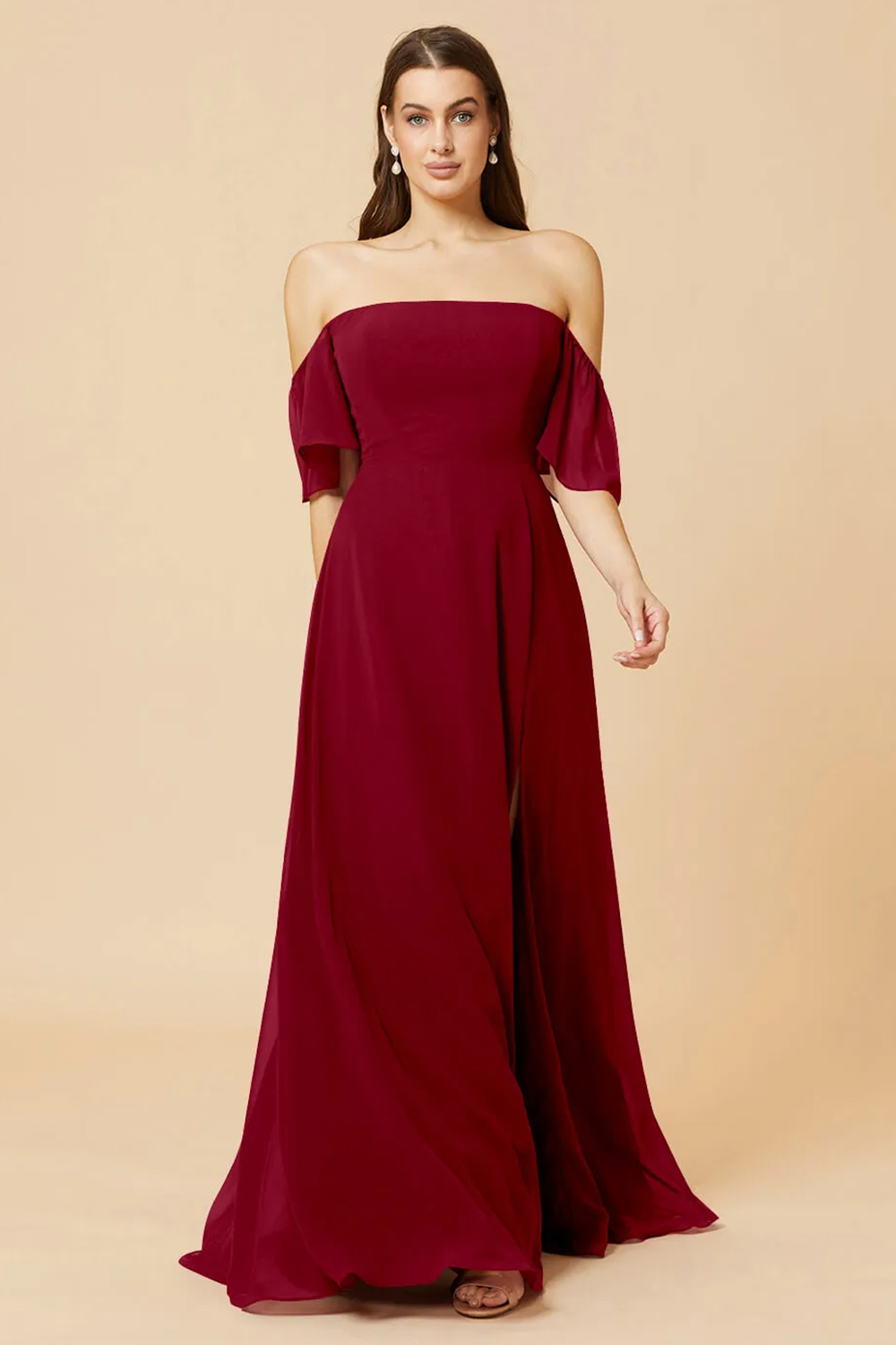 Off the Shoulder Open Back Chiffon Bridesmaid Dress