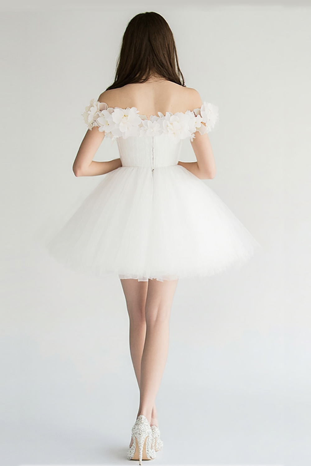 Off The Shoulder White A Line Tulle Graduation Dress with 3D Flowers