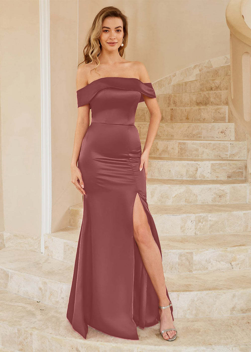 Sheath Off the Shoulder Satin Bridesmaid Dress