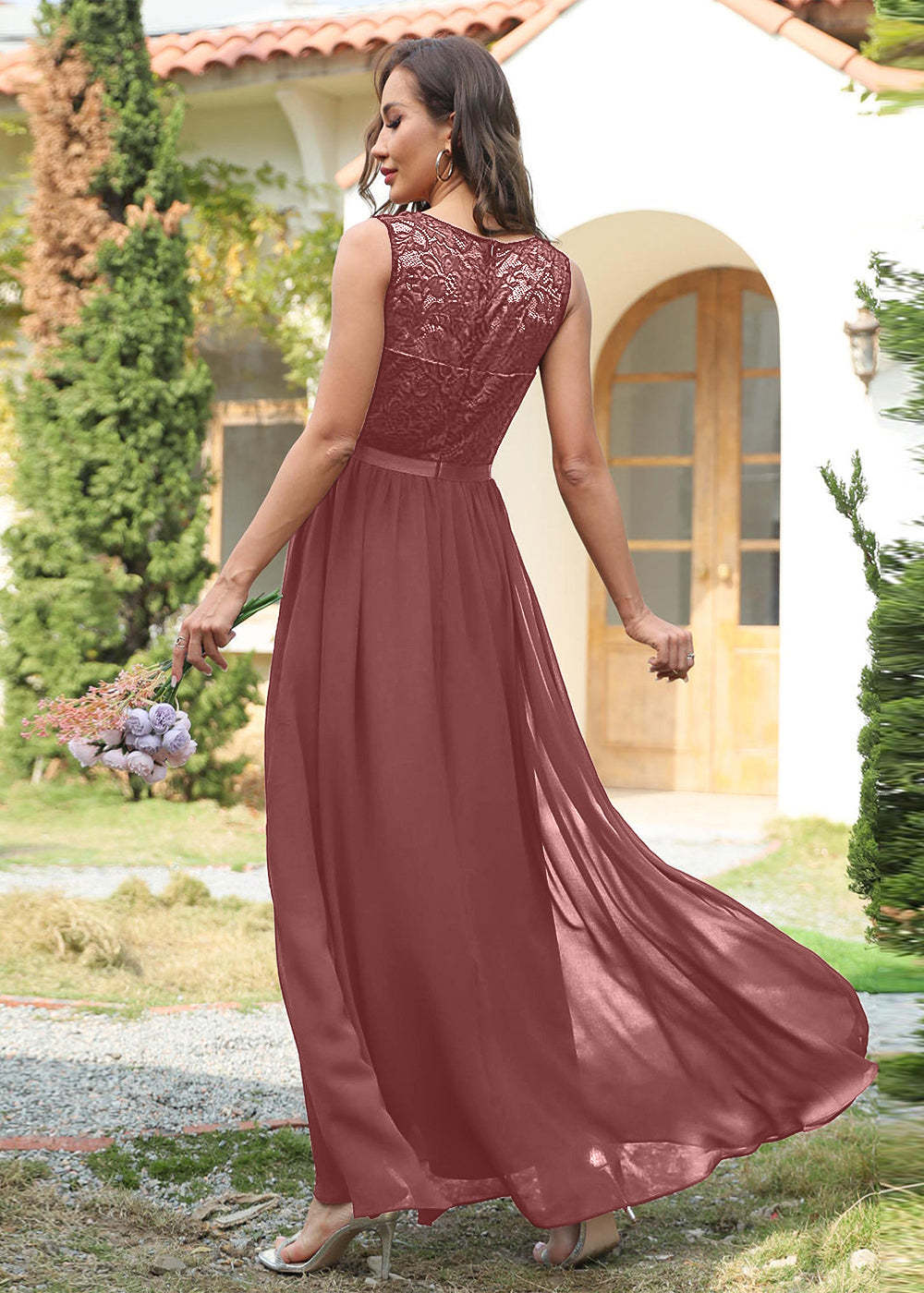 Long V-neck Sleeveless Bridesmaid Dress with Lace