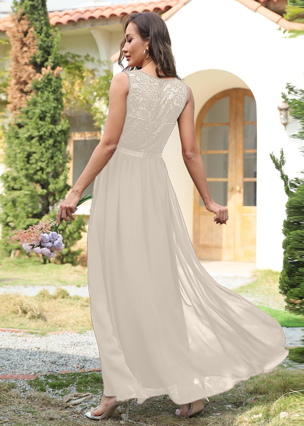 Long V-neck Sleeveless Bridesmaid Dress with Lace
