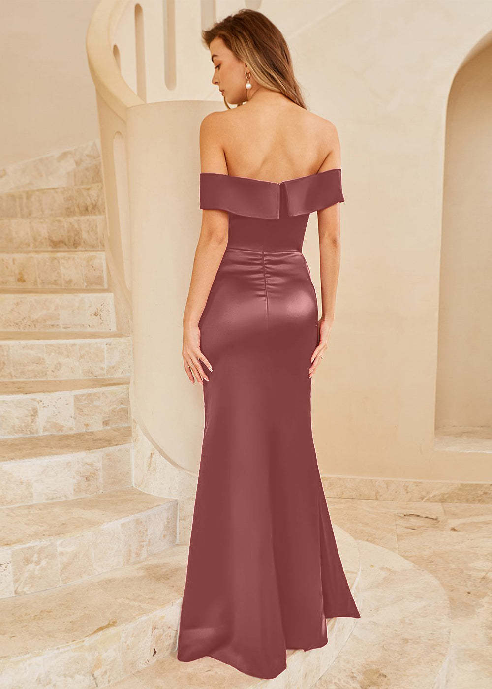 Sheath Off the Shoulder Satin Bridesmaid Dress