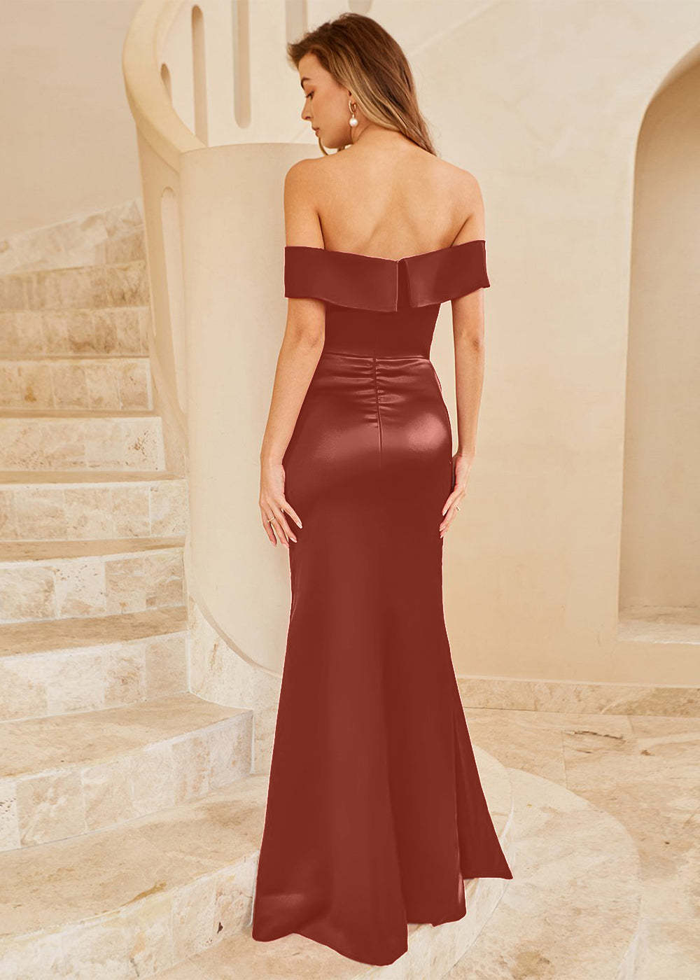 Sheath Off the Shoulder Satin Bridesmaid Dress