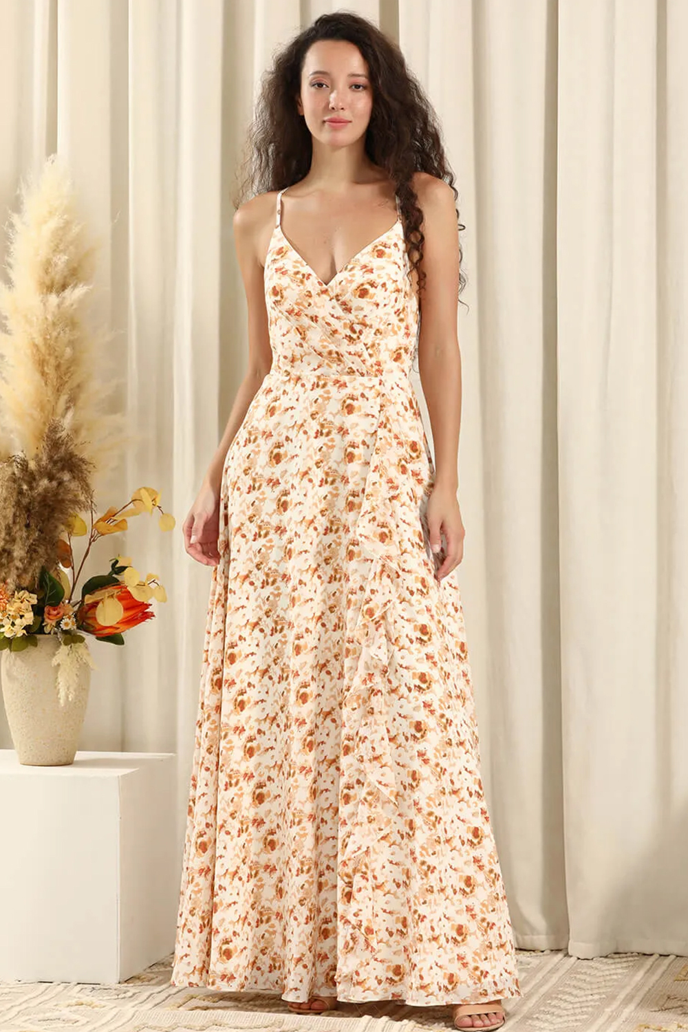 Yellow Printing Satin V-neck A-line Long Slit Bridesmaid Dress