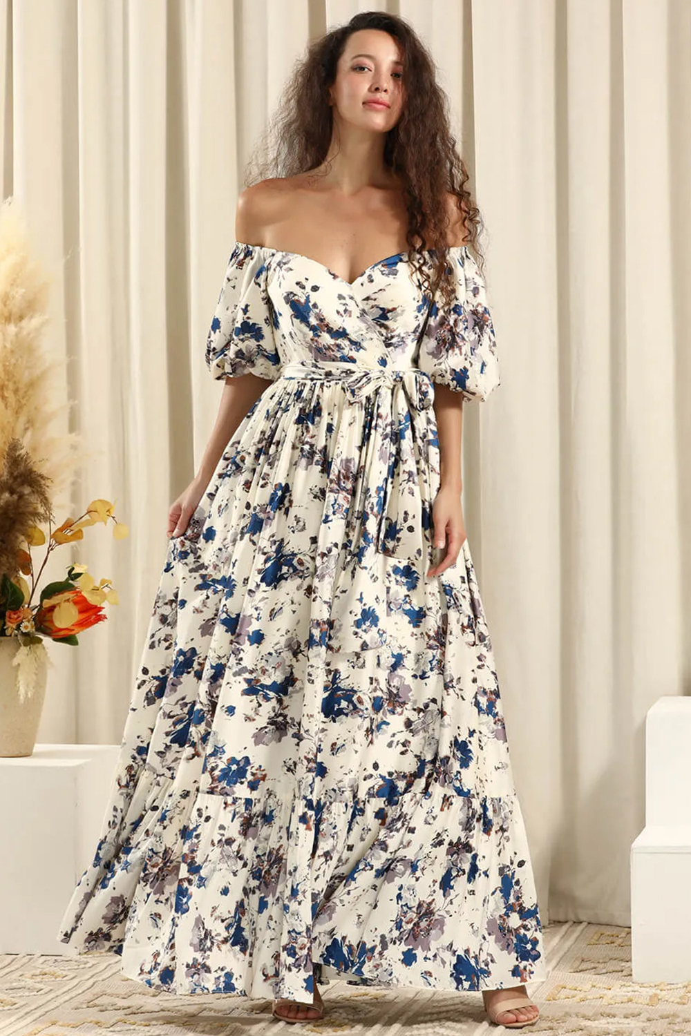 Flower Printing Convertible Puff Sleeve A-line Chiffon Bridesmaid Dress