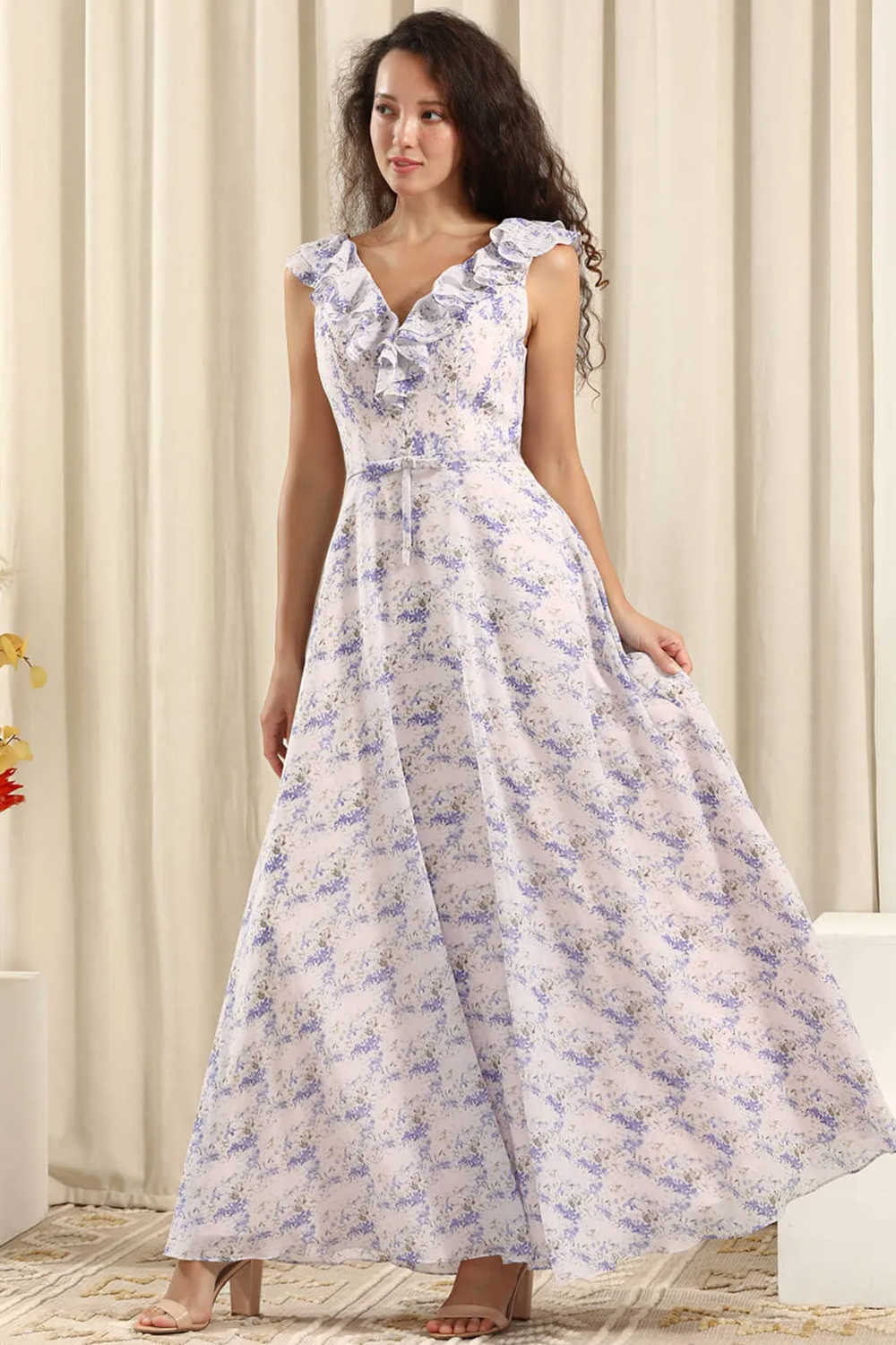 Lilac Printing Chiffon Ruffles V-neck V-back A-line Long Bridesmaid Dr
