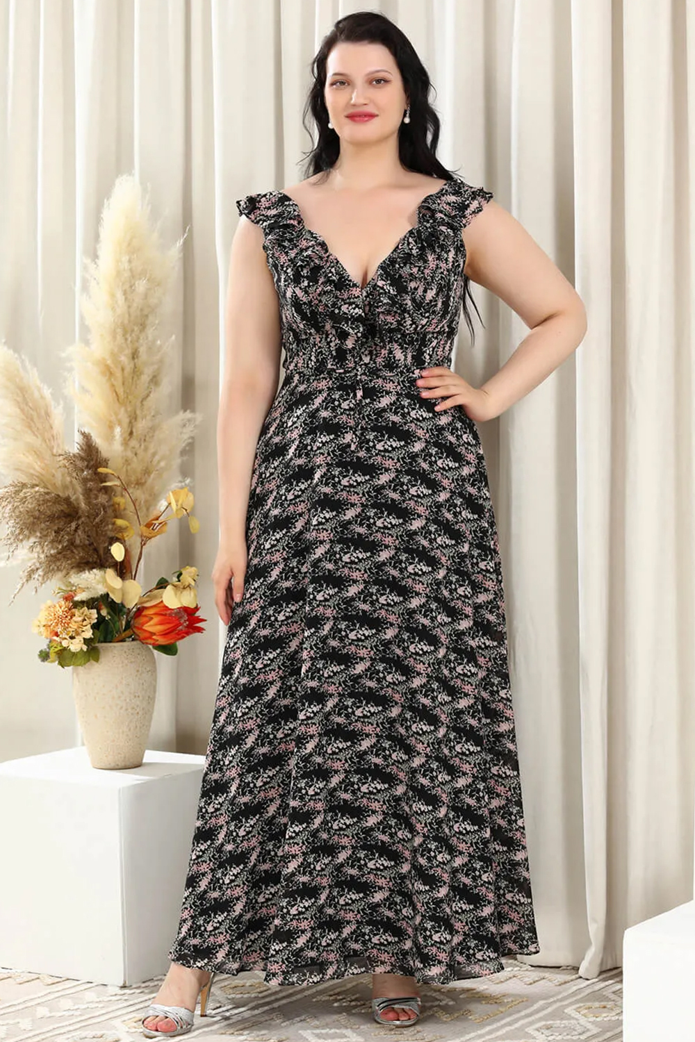 Black Printing V-neck V-back Long Chiffon Bridesmaid Dress
