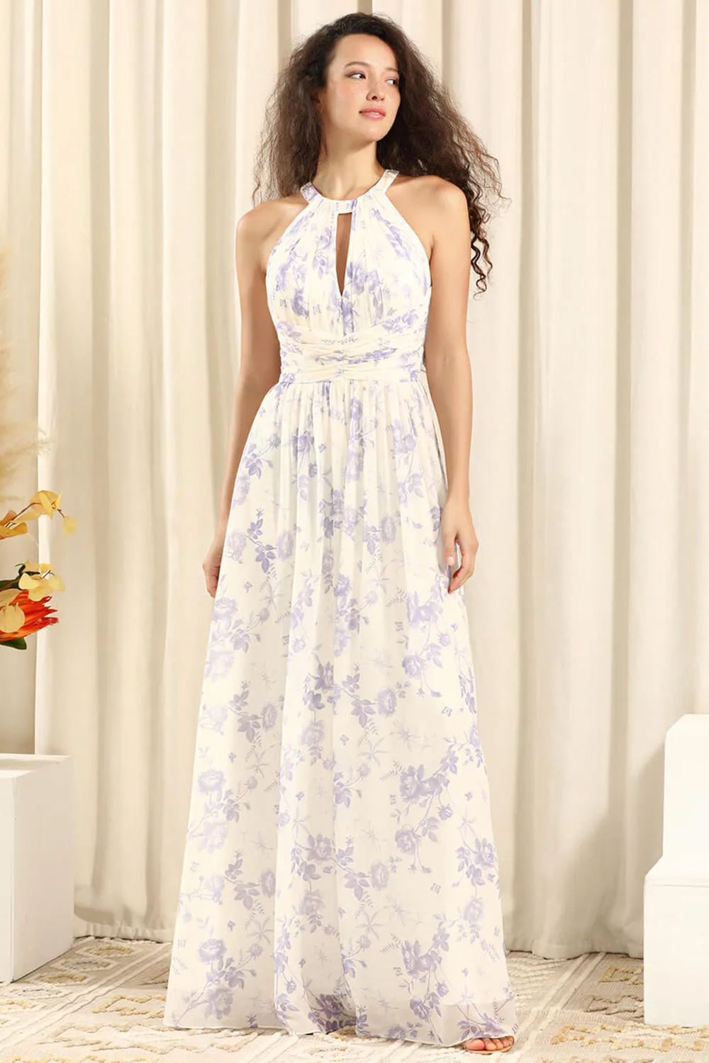 InkBlue Printing Chiffon Halter Neck Open Back A-line Long Bridesmaid 
