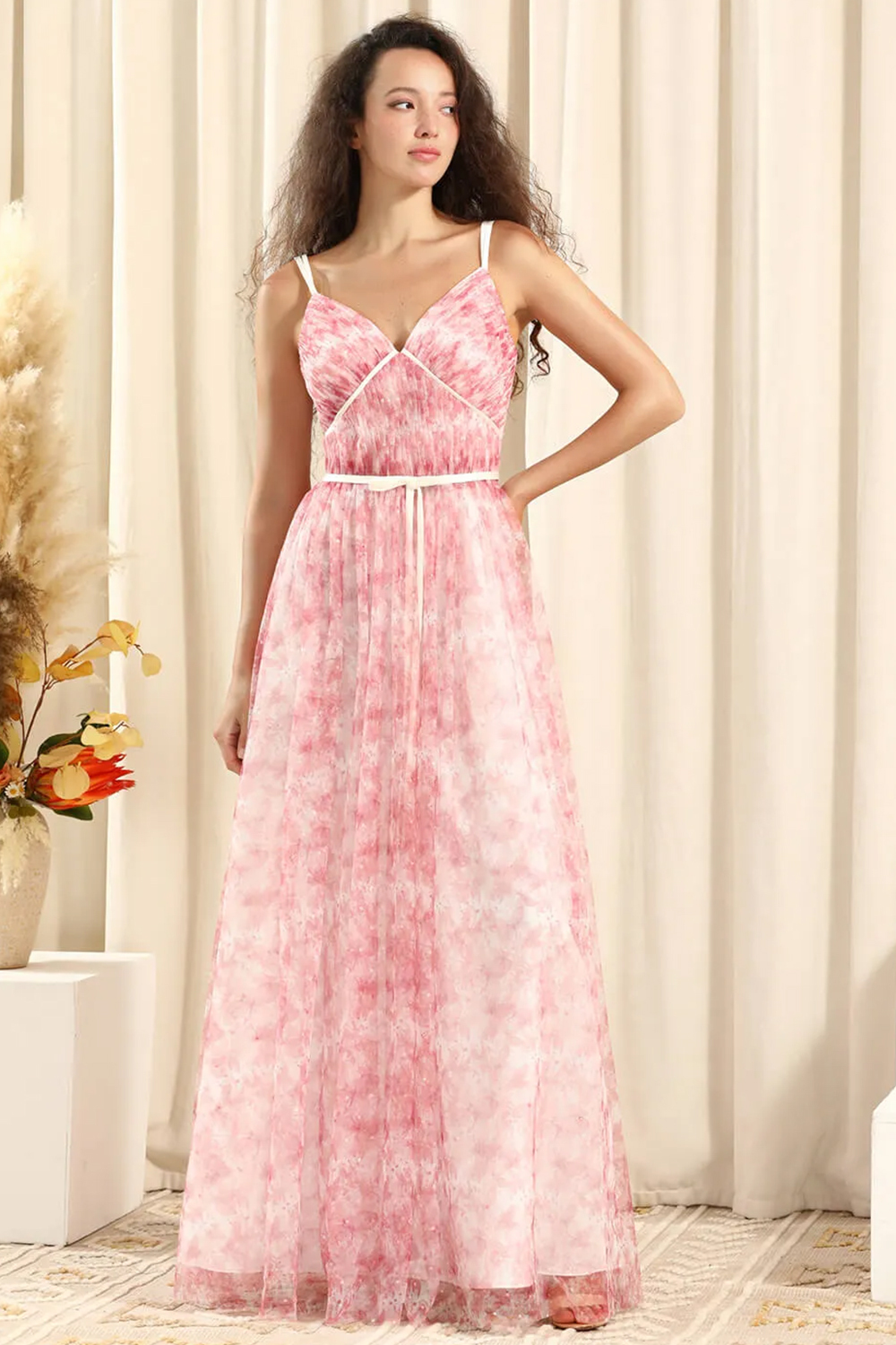 Blush Printing Tulle A-line V-neck Spaghetti Strap Long Bridesmaid Dre