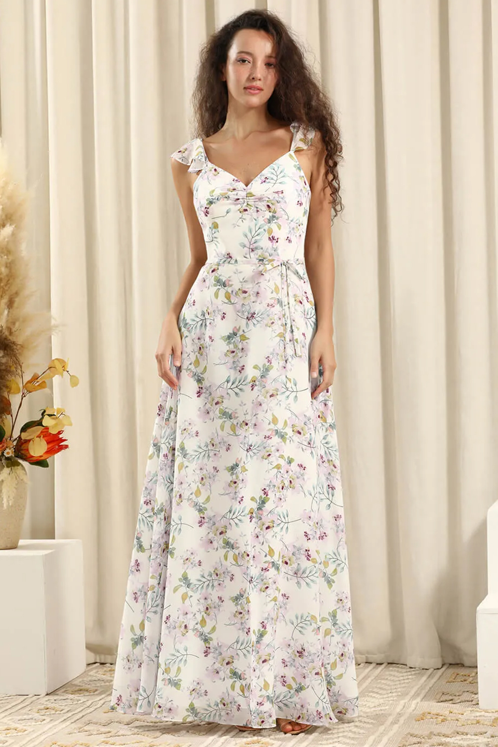 White Printing Chiffon V-neck A-line Ruffles Strap Long Bridesmaid Dre