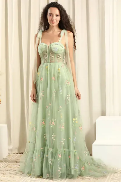 Grey Blue Tulle A Line Corset Prom Dress with Embroidery