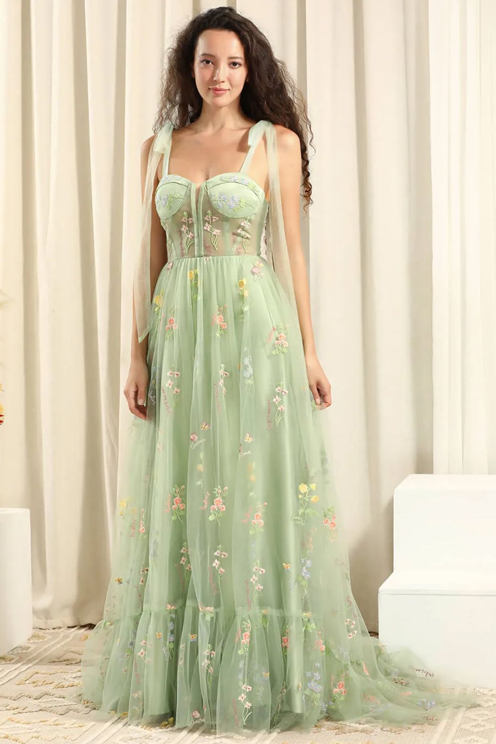 Green Tulle Flower Embroidery Adjustable Strap A-line Long Bridesmaid