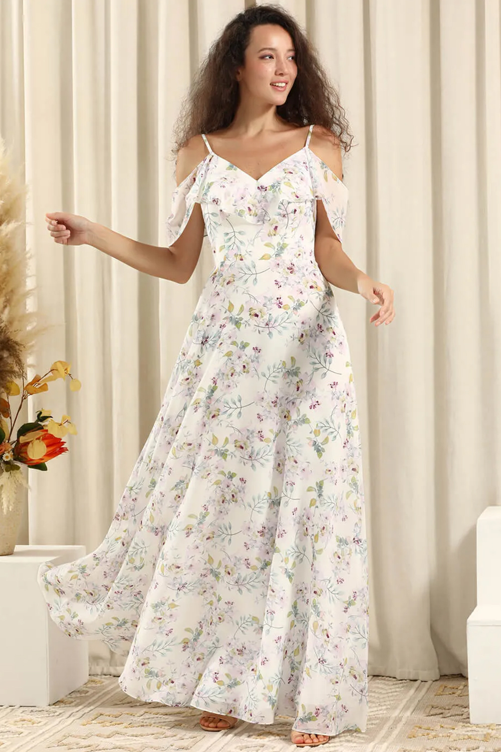 Floral Printing White Chiffon A-line Long Cold Shoulder Bridesmaid Dre