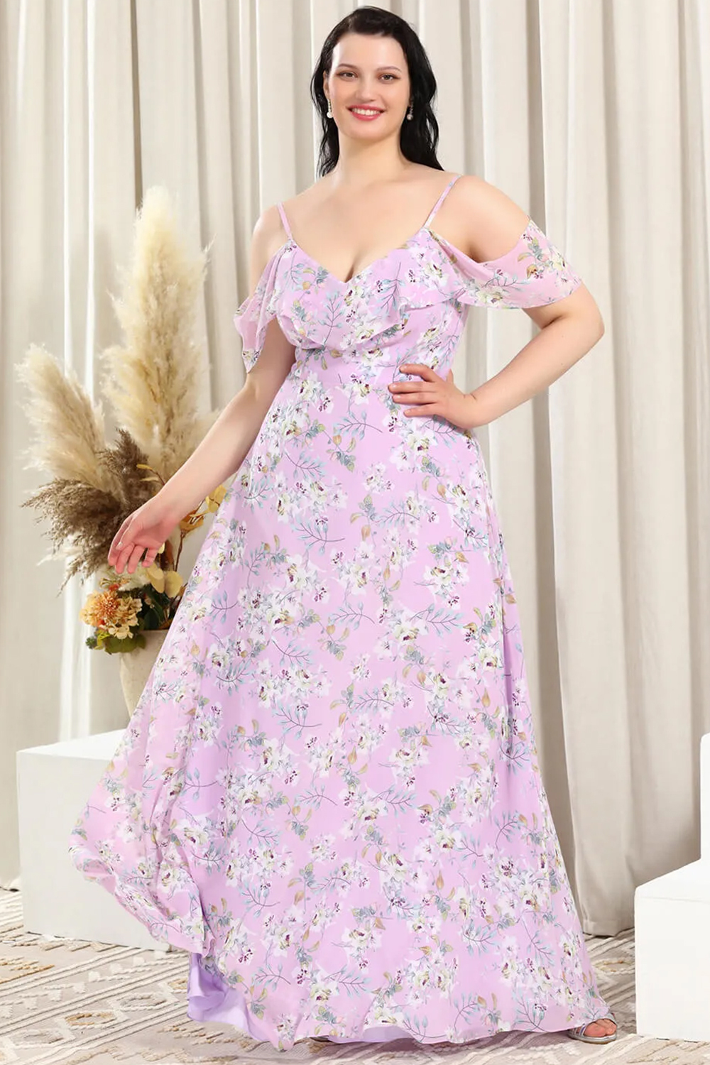 Flower Printing Lilac A-line V-neck Long Chiffon Bridesmaid Dress