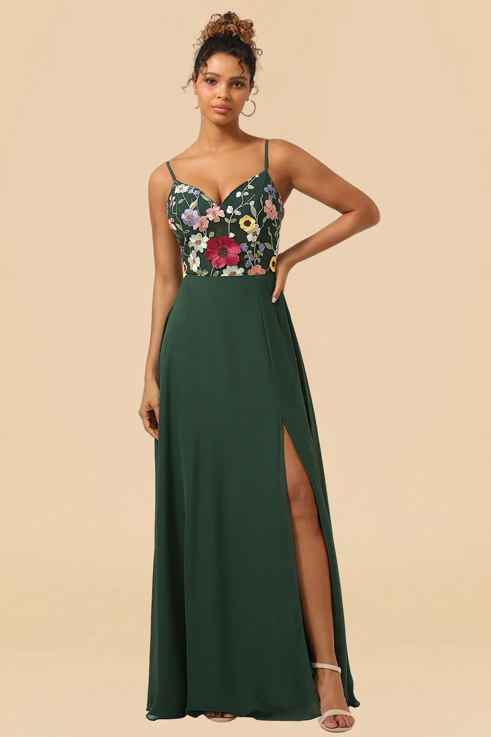 Colorful Flower Embroidery Chiffon Spaghetti Strap A-line Bridesmaid D