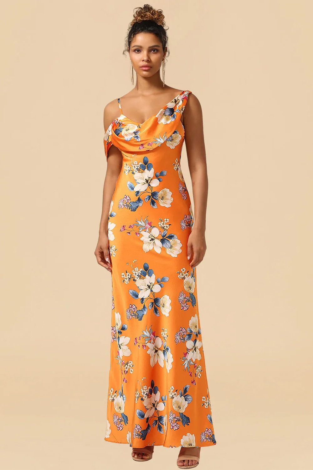 Orange Printed Flower Spaghetti Strap Satin A-line Long Bridesmaid Dress