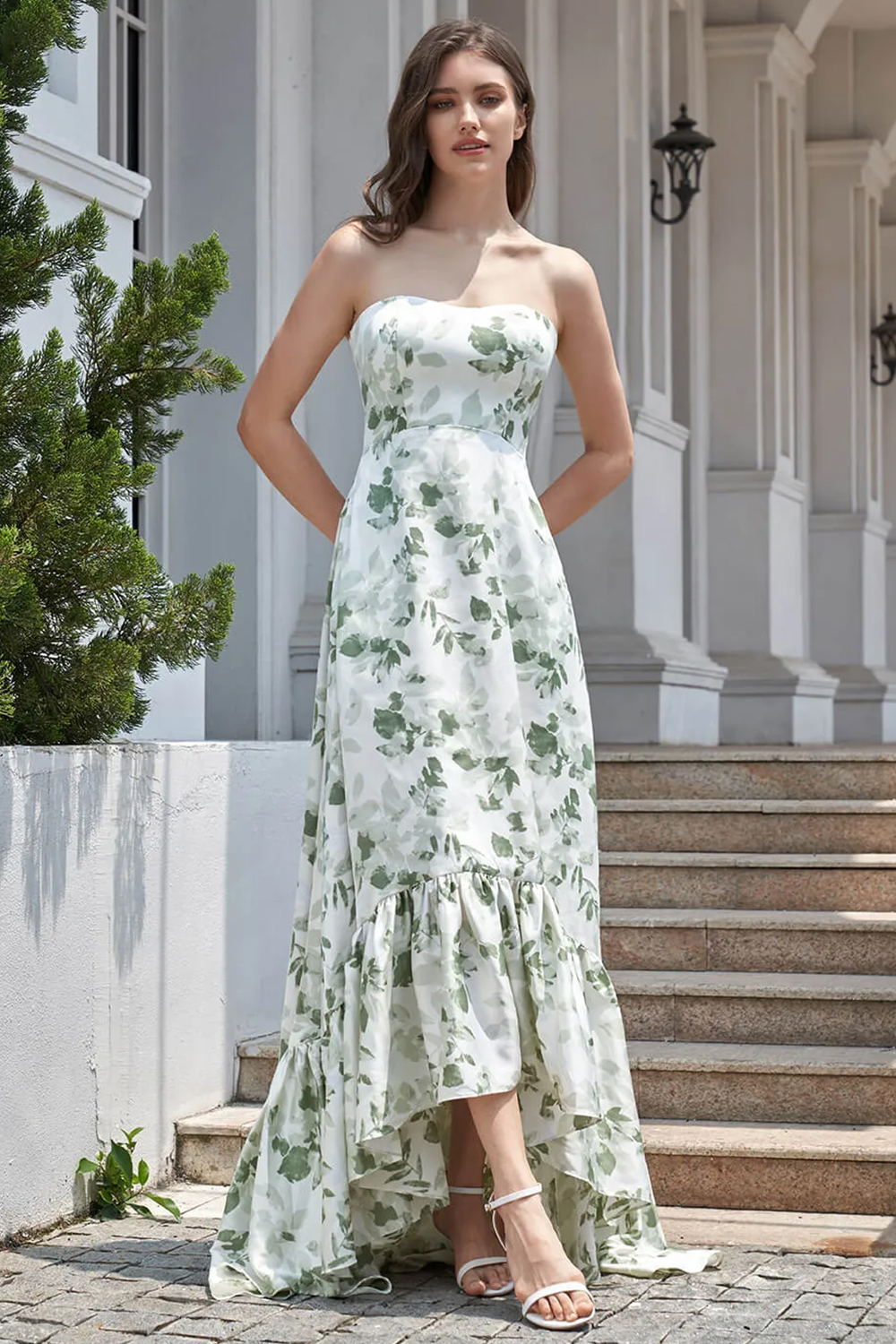 Green Leaf Printing Strapless Satin Ruffles Hem Long Bridesmaid Dress