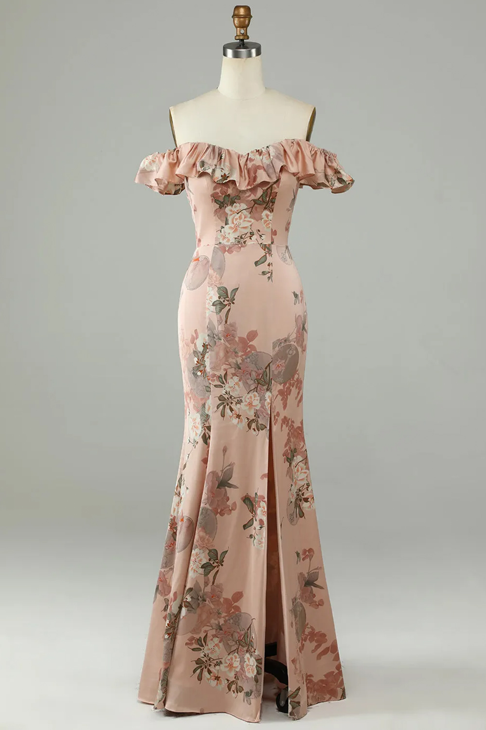 Blush Flower Printing Satin Off the Shoulder Mermaid Long Bridesmaid Dress