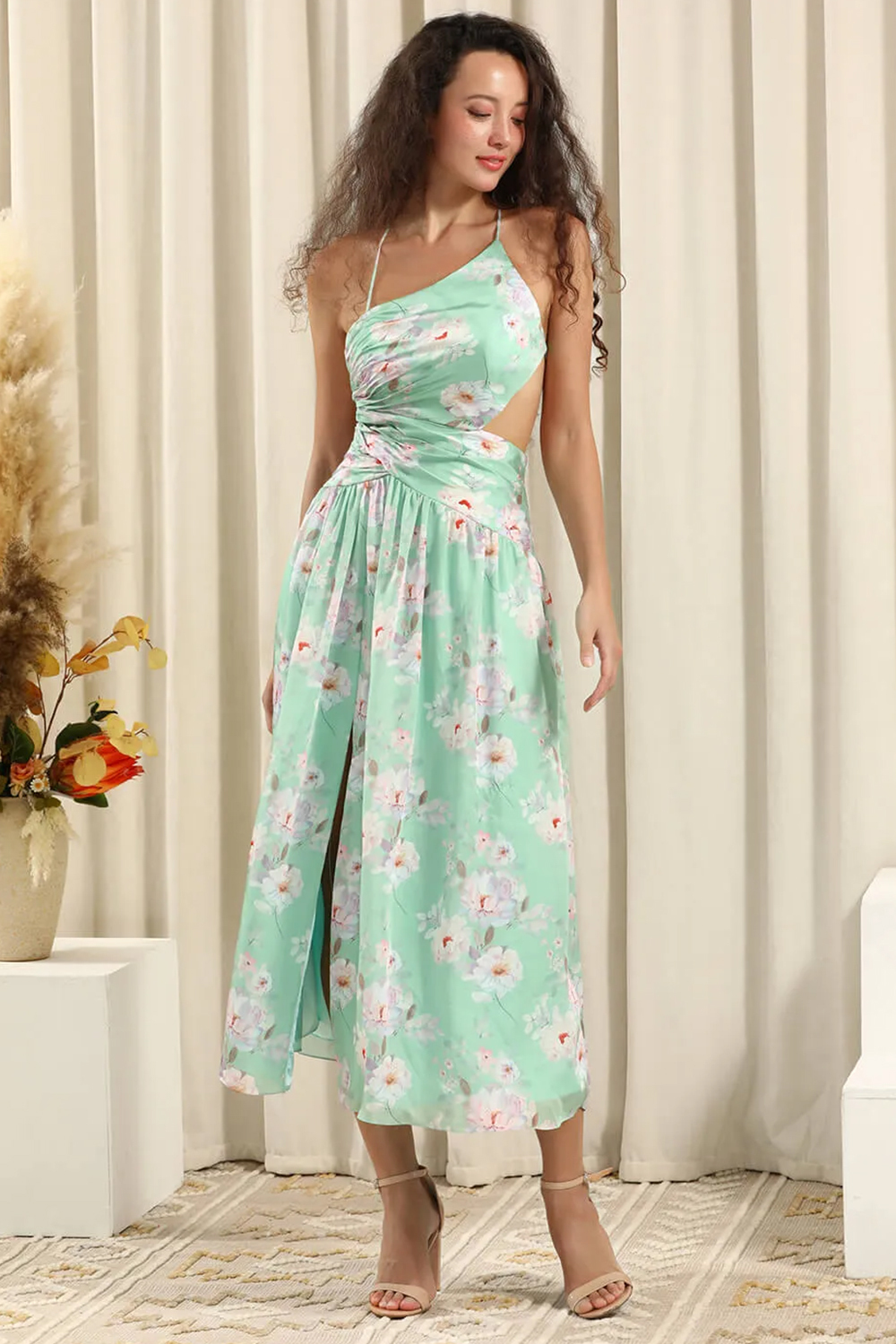 Flower Printing Sage Green Organza One Shoulder Open Back A-line Tea Length Bridesmaid Dress