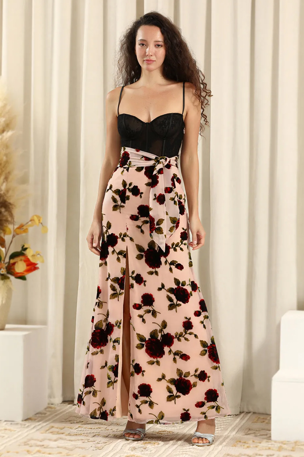 Rose Burn-out Velvet Black Lace Corset Sheath Strap Bridesmaid Dress