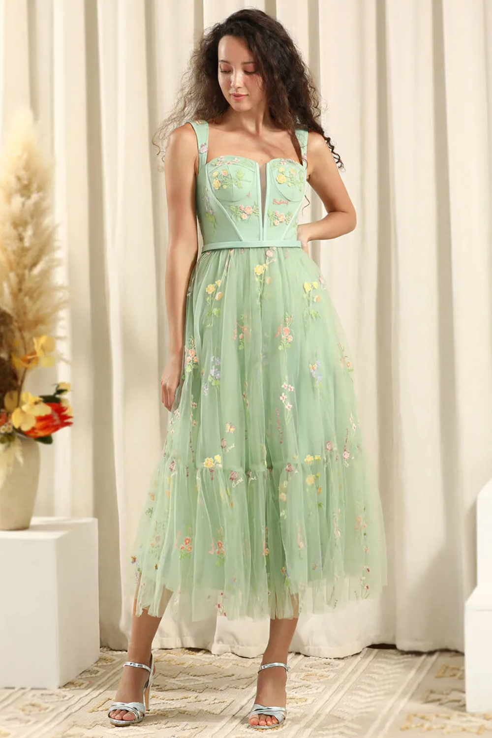 Dusty Sage Square Neck Floral Tulle A-line Tea Length Bridesmaid Dress
