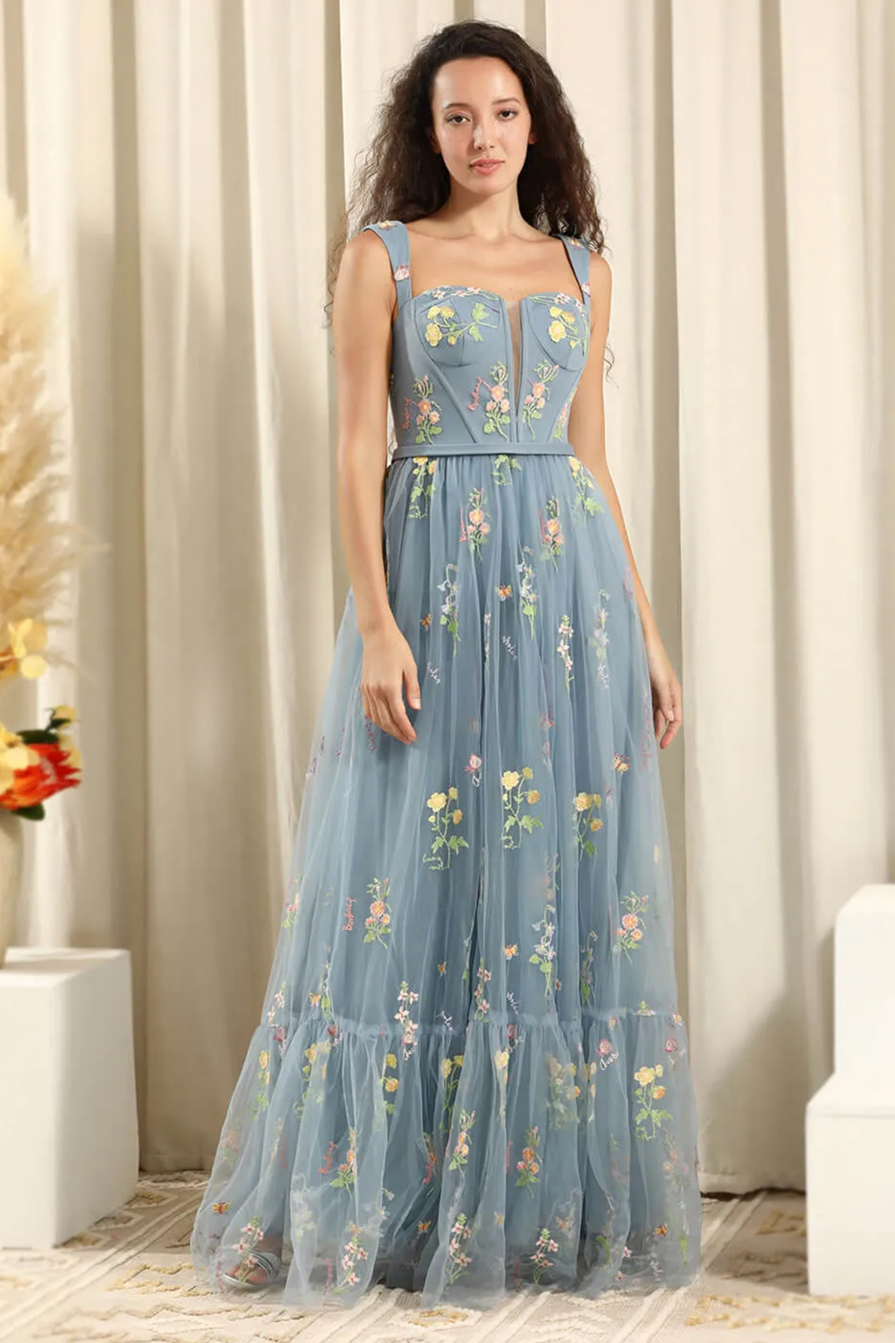 Dusty Blue Square Neck Sleeveless Floral Tulle A-line Long Bridesmaid