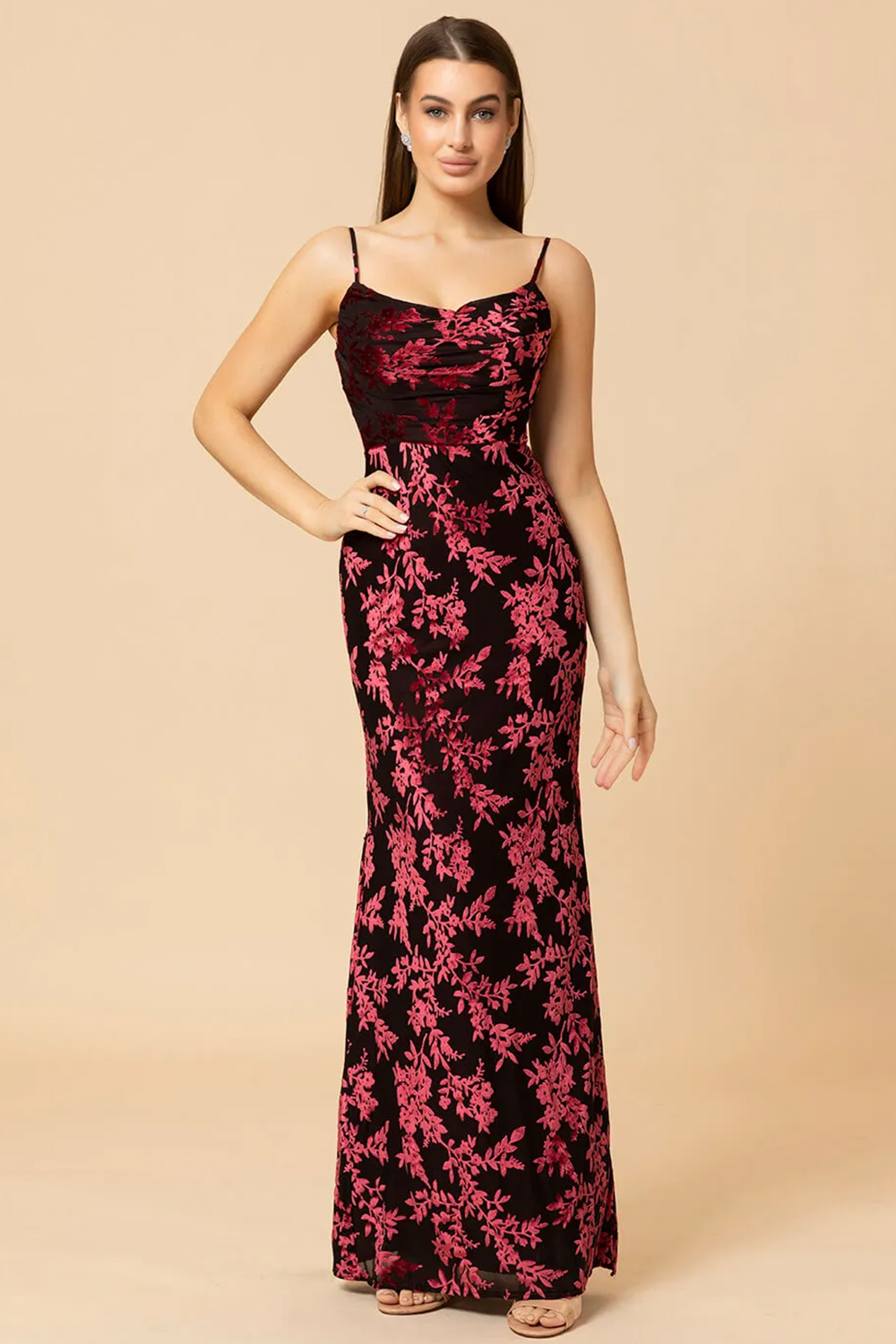 Sheath Strap Printed Velvet Long Bridesmaid Dress