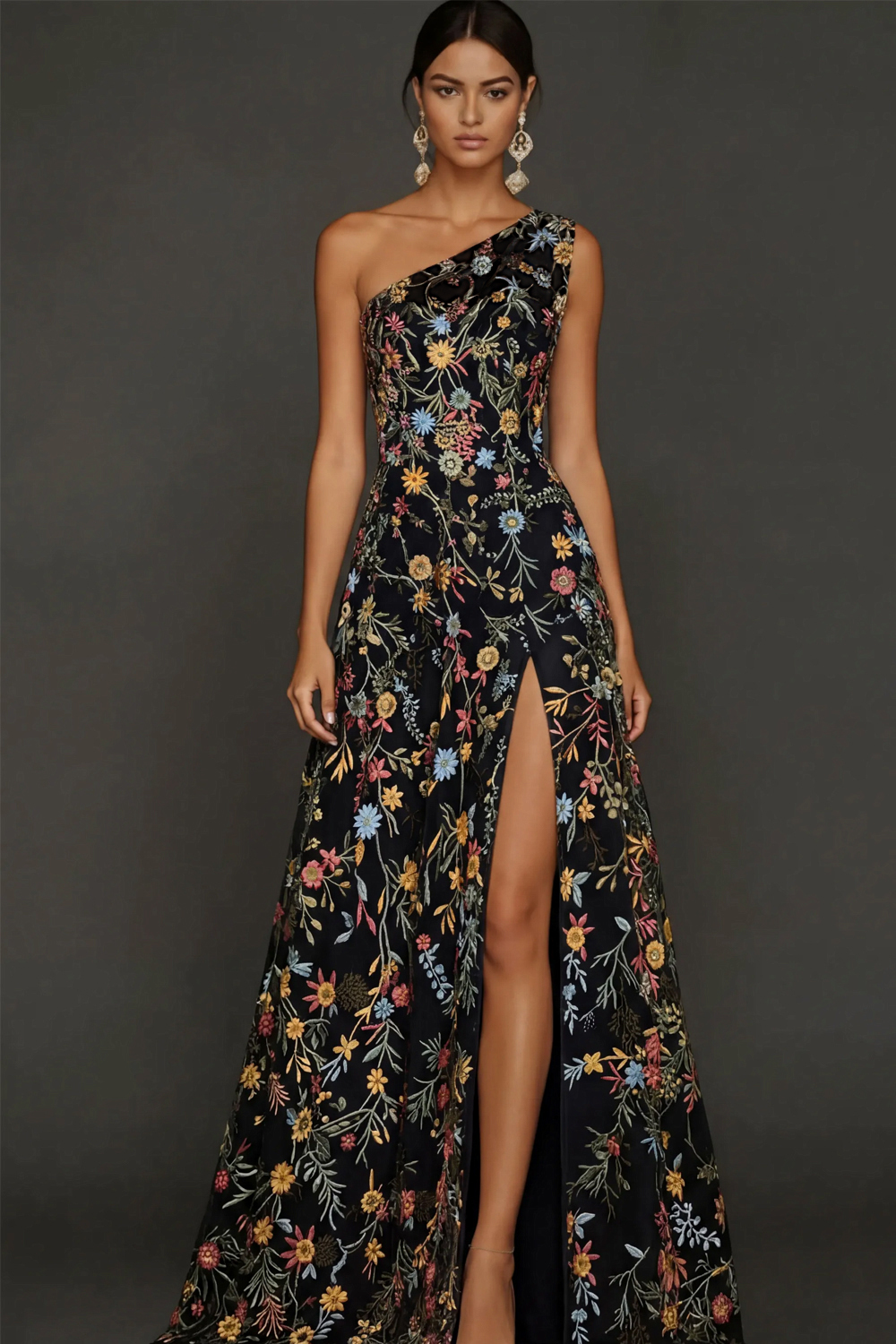 Floral Mauve One Shoulder A Line Long Formal Dress with Slit
